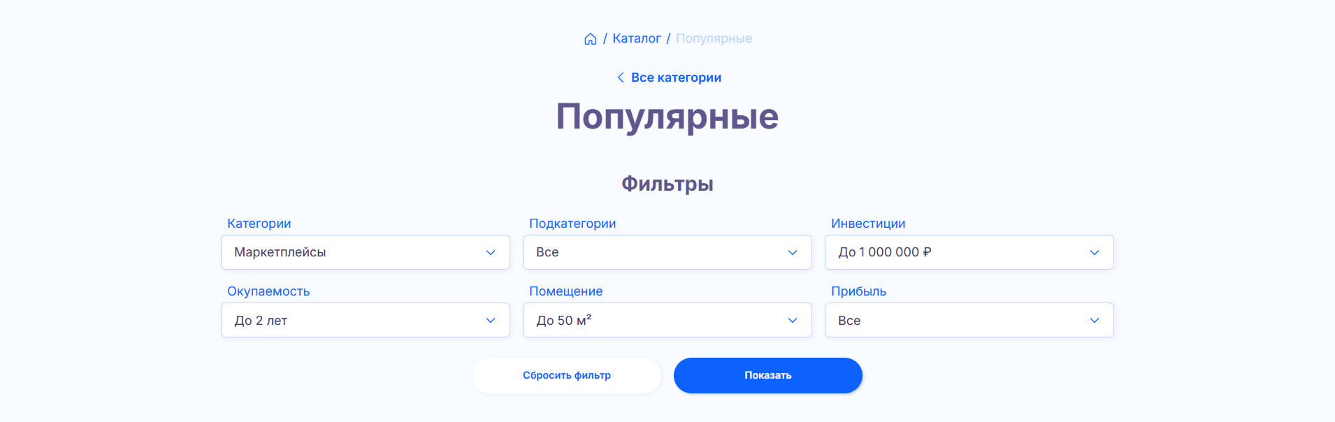 Фильтры каталога в блоке «Настройте фильтры» супермаркета «Папа франшиз»